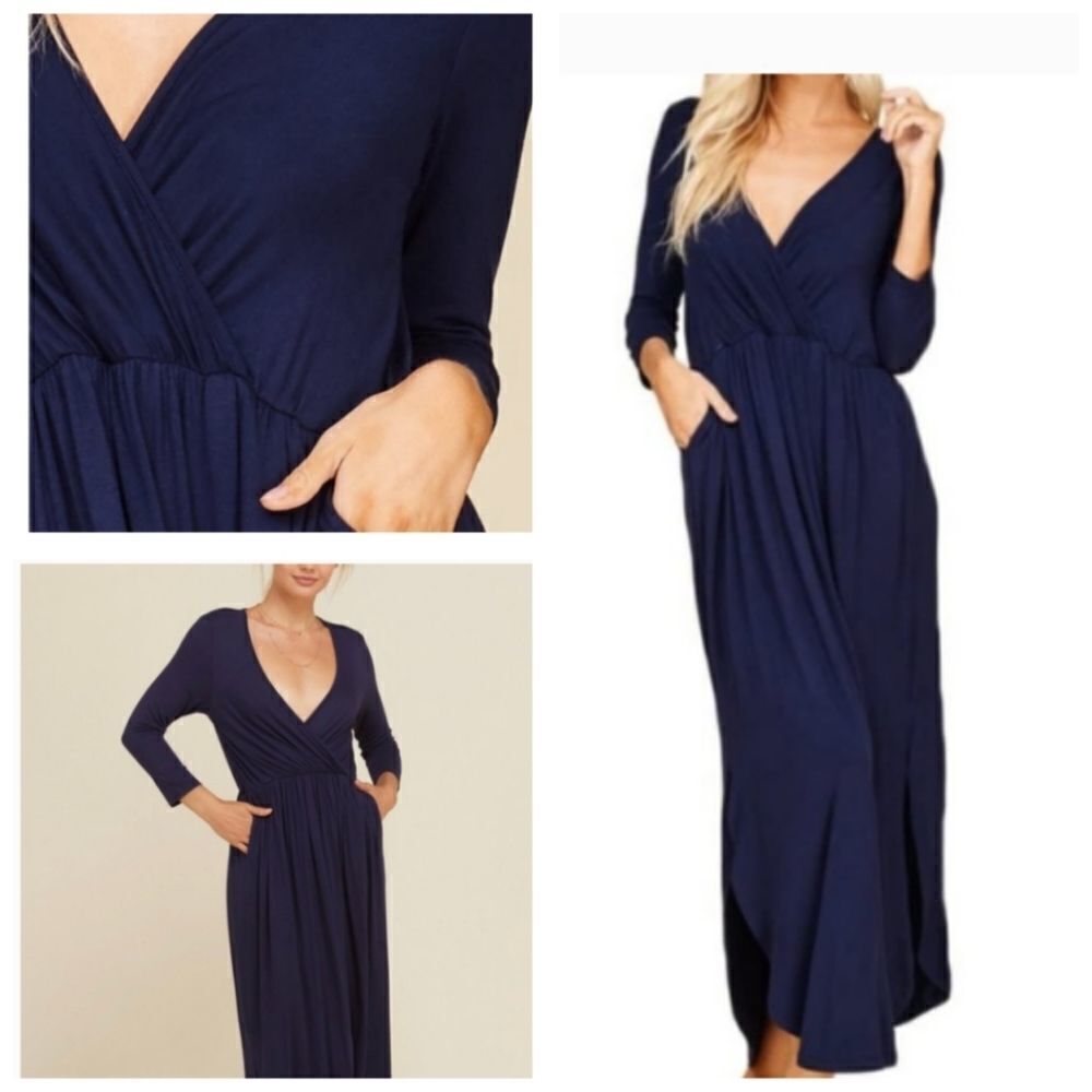 Annabelle Navy Blue 3/4 Sleeve Maxi Dress